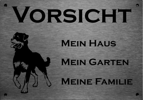 Edelstahl Warnschild Rottweiler VORSICHT Mein Haus mein Garten meine Familie